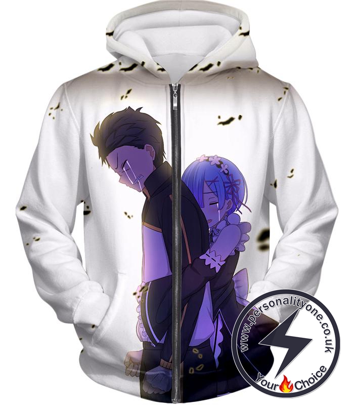 Re:Zero Cute Anime Friends Rem and Subaru Cool White Zip Up Hoodie